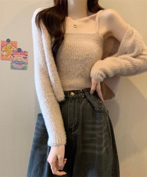 LUCPY(ラクピー)の「シャギーニットキャミ&カーディガンセット(カーディガン/ボレロ・レディース・パープル/ベージュ/ホワイト/ピンク/ライトブルー/ブラック・FREE)」の3枚目の写真