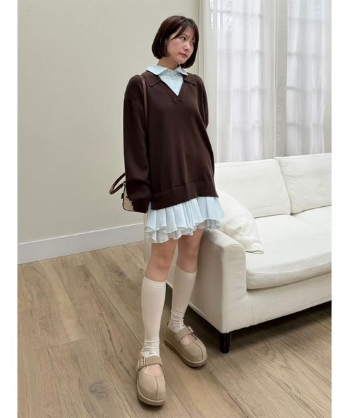 LILY BROWN（リリーブラウン）の「シャツドッキングニットミニワンピース（ワンピース・レディース・ピンクベージュ/ブラウン/グレー・F）」の3枚目の写真