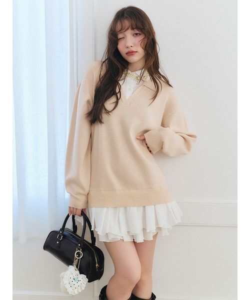 LILY BROWN（リリーブラウン）の「シャツドッキングニットミニワンピース（ワンピース・レディース・ピンクベージュ/ブラウン/グレー・F）」の4枚目の写真