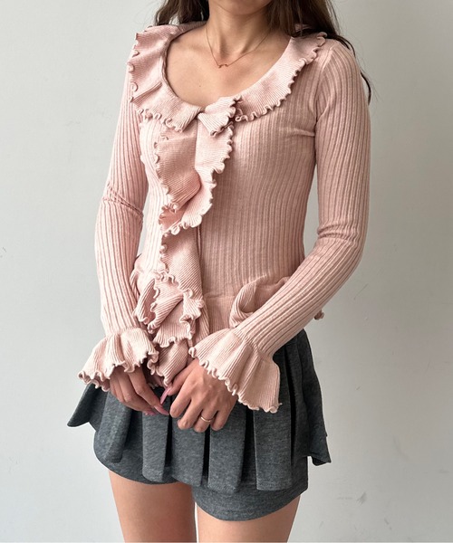 HEIREN(ヘイレーン)の「フリルドレープリブニットトップス(ニット/セーター・レディース・オフホワイト/ピンク/ブラック/グレー・FREE)」の4枚目の写真