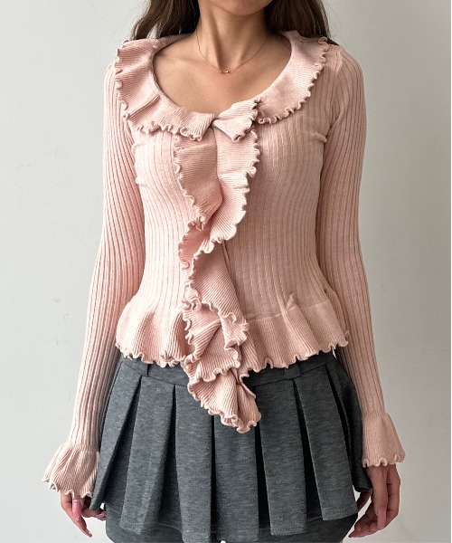 HEIREN(ヘイレーン)の「フリルドレープリブニットトップス(ニット/セーター・レディース・オフホワイト/ピンク/ブラック/グレー・FREE)」の10枚目の写真