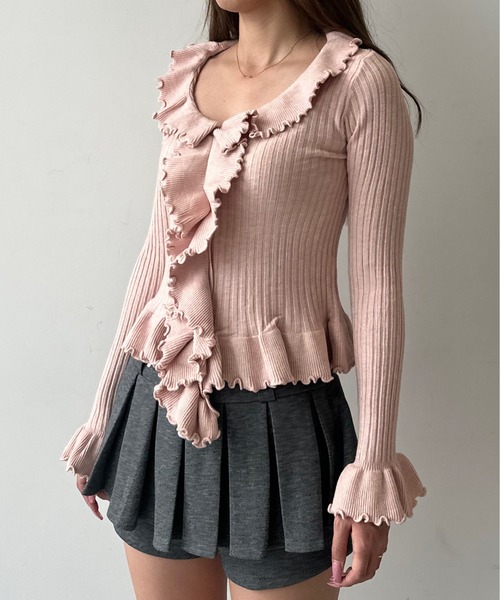 HEIREN(ヘイレーン)の「フリルドレープリブニットトップス(ニット/セーター・レディース・オフホワイト/ピンク/ブラック/グレー・FREE)」の9枚目の写真