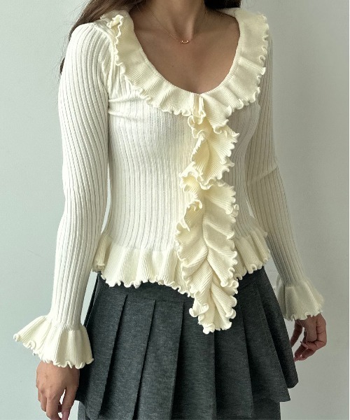 HEIREN(ヘイレーン)の「フリルドレープリブニットトップス(ニット/セーター・レディース・オフホワイト/ピンク/ブラック/グレー・FREE)」の16枚目の写真