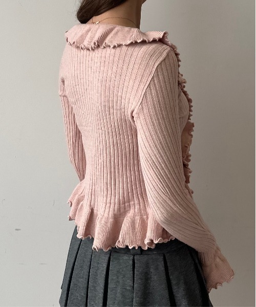 HEIREN(ヘイレーン)の「フリルドレープリブニットトップス(ニット/セーター・レディース・オフホワイト/ピンク/ブラック/グレー・FREE)」の12枚目の写真