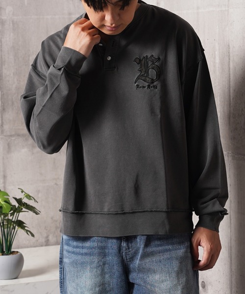 1111clothing（ワンフォークロージング）の「ピグメントダイ コンチョボタン ヘンリーネック ミニ裏毛スウェットトレーナー（スウェット・メンズ・ブラック/グレイッシュベージュ/ブラウン・L/M）」の10枚目の写真