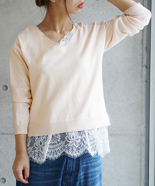 laboratory work(ラボラトリーワーク)の「綿混レースレイヤードツインセット(ニット/セーター・レディース・ライトグリーン/オフホワイト/ピンクベージュ・MEDIUM)」の3枚目の写真