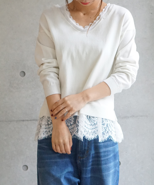 laboratory work(ラボラトリーワーク)の「綿混レースレイヤードツインセット(ニット/セーター・レディース・ライトグリーン/オフホワイト/ピンクベージュ・MEDIUM)」の1枚目の写真