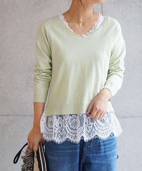 laboratory work(ラボラトリーワーク)の「綿混レースレイヤードツインセット(ニット/セーター・レディース・ライトグリーン/オフホワイト/ピンクベージュ・MEDIUM)」の2枚目の写真