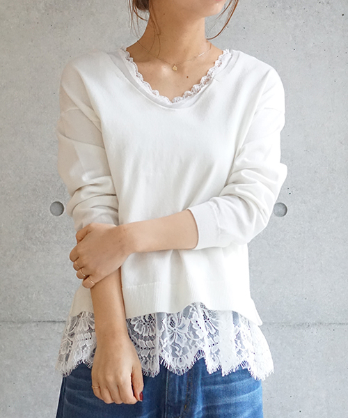 laboratory work(ラボラトリーワーク)の「綿混レースレイヤードツインセット(ニット/セーター・レディース・ライトグリーン/オフホワイト/ピンクベージュ・MEDIUM)」の21枚目の写真