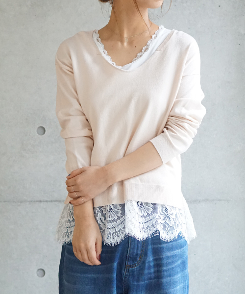 laboratory work(ラボラトリーワーク)の「綿混レースレイヤードツインセット(ニット/セーター・レディース・ライトグリーン/オフホワイト/ピンクベージュ・MEDIUM)」の22枚目の写真