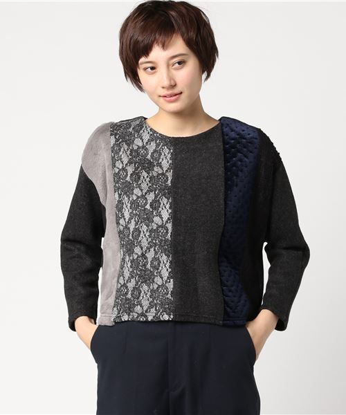 INTERPLANET(インタープラネット)の「2WAY異素材切替プルオーバー(Tシャツ/カットソー・レディース・チャコールグレー/ブラック/オフホワイト・FREE)」の1枚目の写真