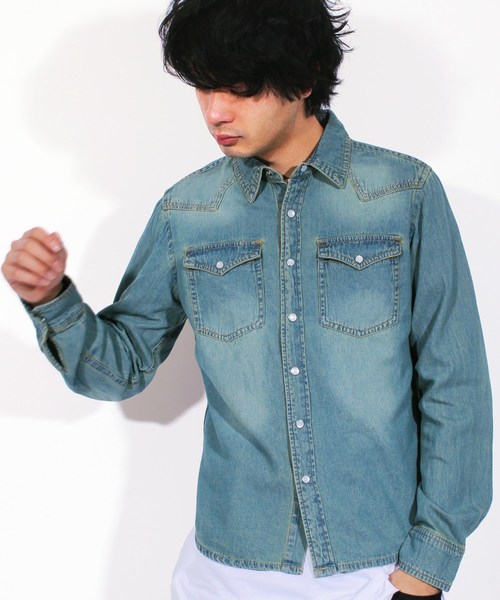 ８(eight)（エイト）の「USED加工 デニムシャツ 長袖シャツ ウエスタンシャツ （シャツ/ブラウス・メンズ・ブラック/ホワイト/ブルー系その他/ブルー系その他2/インディゴブルー・X-LARGE/MEDIUM/LARGE）」の5枚目の写真