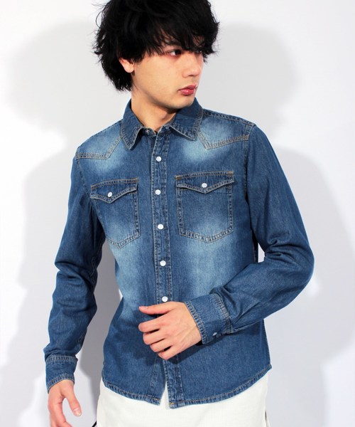 ８(eight)（エイト）の「USED加工 デニムシャツ 長袖シャツ ウエスタンシャツ （シャツ/ブラウス・メンズ・ブラック/ホワイト/ブルー系その他/ブルー系その他2/インディゴブルー・X-LARGE/MEDIUM/LARGE）」の4枚目の写真