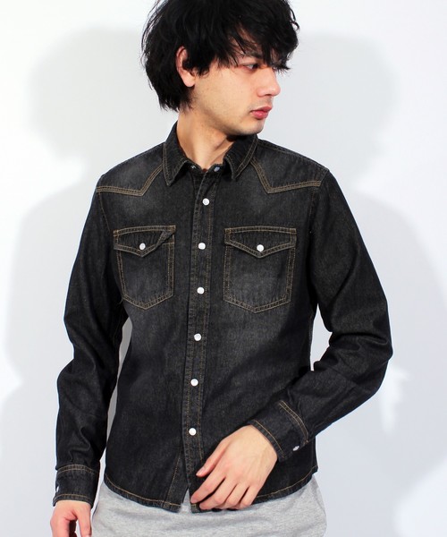８(eight)（エイト）の「USED加工 デニムシャツ 長袖シャツ ウエスタンシャツ （シャツ/ブラウス・メンズ・ブラック/ホワイト/ブルー系その他/ブルー系その他2/インディゴブルー・X-LARGE/MEDIUM/LARGE）」の3枚目の写真