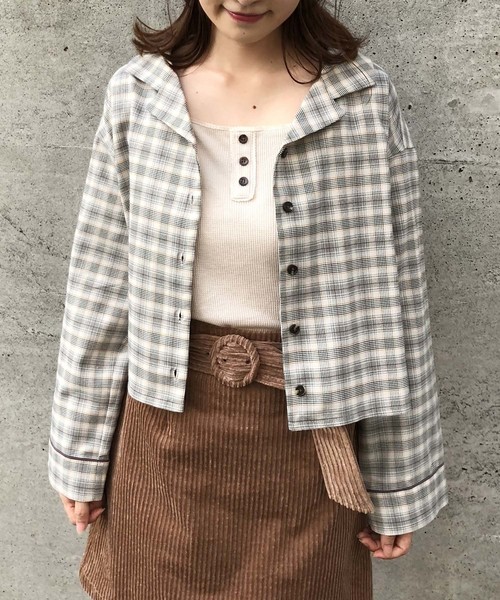 one after another NICE CLAUP（ワンアフターアナザーナイスクラップ）の「開襟チェックシャツ（シャツ/ブラウス・レディース・ブラック/ブラウン/アイボリー・FREE）」の6枚目の写真