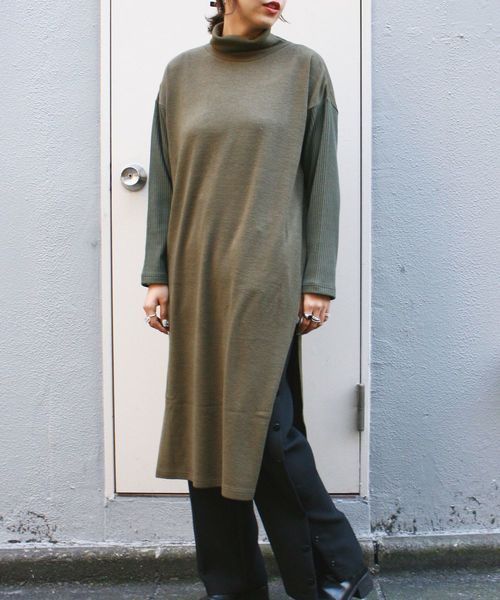 DROIT BELLO(ドロイトベロ)の「DROIT BELLO(ドロイトベロ) ニットソー×テレコワンピース(ワンピース・レディース・カーキ・FREE)」の1枚目の写真