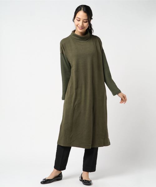 DROIT BELLO(ドロイトベロ)の「DROIT BELLO(ドロイトベロ) ニットソー×テレコワンピース(ワンピース・レディース・カーキ・FREE)」の4枚目の写真