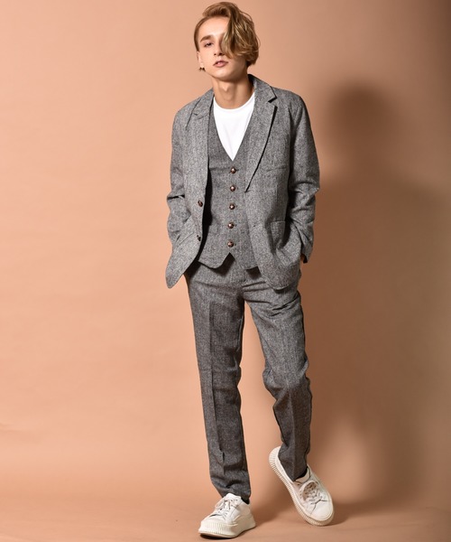 ツイードテーパードパンツ 無地 ヘリンボーン セットアップ対応