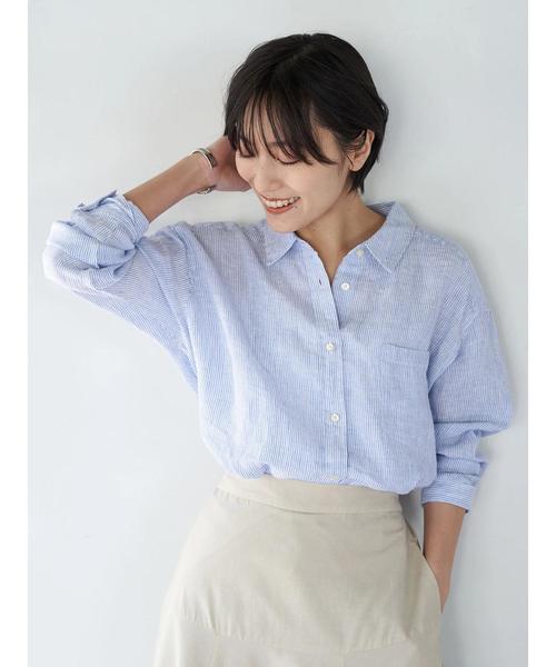 AMERICAN HOLIC(アメリカンホリック)の「ピュアリネンドロップショルダーシャツ*(シャツ/ブラウス・レディース・ネイビー/オフホワイト/サックスブルー/その他5/ストライプ/ライトベージュ/ホワイト系その他7/ブルー系その他6・M/L)」の1枚目の写真