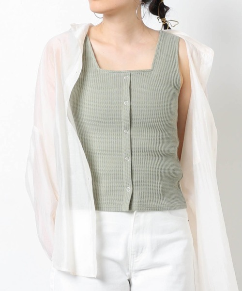 WEGO（ウィゴー）の「WEGO/ワッフルフロントボタンタンクトップ（タンクトップ・レディース・ブラック/アイボリー/グリーン系その他/ライム/オレンジ・FREE）」の4枚目の写真