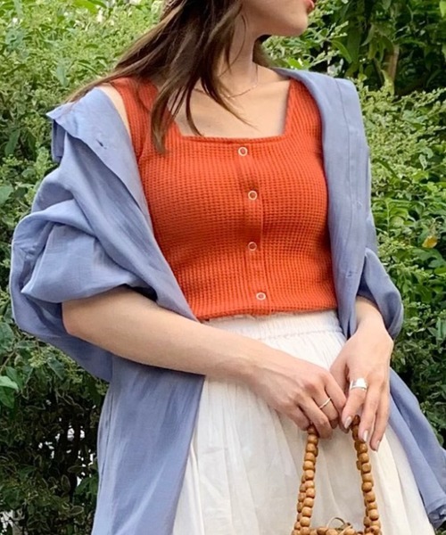 WEGO（ウィゴー）の「WEGO/ワッフルフロントボタンタンクトップ（タンクトップ・レディース・ブラック/アイボリー/グリーン系その他/ライム/オレンジ・FREE）」の5枚目の写真