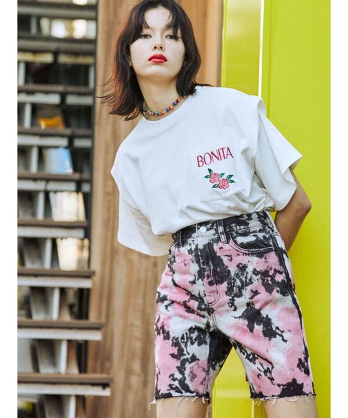 jouetie(ジュエティ)の「ボリュームショルダーTシャツ(Tシャツ/カットソー・レディース・ブラック/オフホワイト/ピンク・MEDIUM)」の1枚目の写真