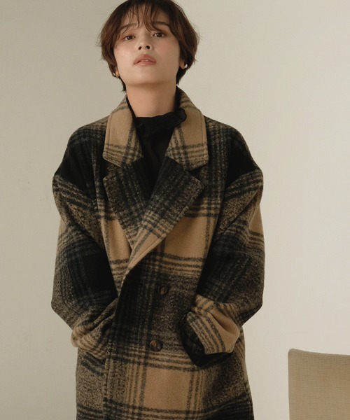 Bab（バブ）の「【WEB限定】チェック柄オーバーミドルコート（チェスターコート・レディース・ブラウン/ブラック・38）」の2枚目の写真