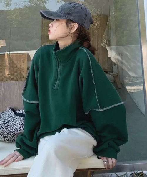 lala Born（ララボーン）の「配色ステッチハーフジップPO（パーカー・レディース・イエロー/グリーン・FREE）」の5枚目の写真