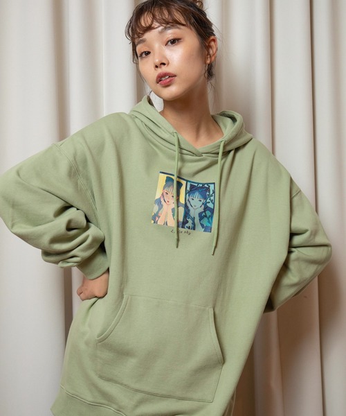 vis-`a-vis（ビサビ）の「【WEB限定】【コラボ】ミチ＆藍にいなイラストプリント裏毛チュニックフーディ（パーカー・レディース・ライトグリーン/ブラック/ホワイト・FREE）」の3枚目の写真