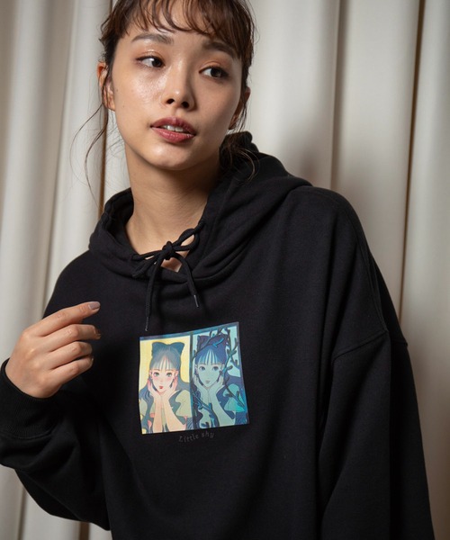 vis-`a-vis（ビサビ）の「【WEB限定】【コラボ】ミチ＆藍にいなイラストプリント裏毛チュニックフーディ（パーカー・レディース・ライトグリーン/ブラック/ホワイト・FREE）」の2枚目の写真
