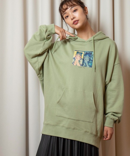 vis-`a-vis（ビサビ）の「【WEB限定】【コラボ】ミチ＆藍にいなイラストプリント裏毛チュニックフーディ（パーカー・レディース・ライトグリーン/ブラック/ホワイト・FREE）」の4枚目の写真