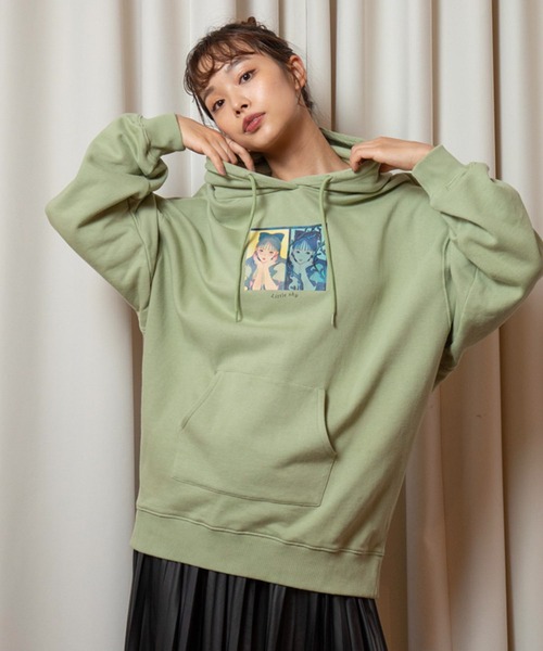 vis-`a-vis（ビサビ）の「【WEB限定】【コラボ】ミチ＆藍にいなイラストプリント裏毛チュニックフーディ（パーカー・レディース・ライトグリーン/ブラック/ホワイト・FREE）」の7枚目の写真