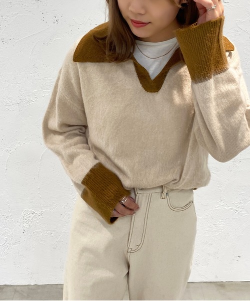apres jour mignon(アプレジュールミニョン)の「起毛スキッパーニットポロ【ZOZOTOWN限定アイテム】(ニット/セーター・レディース・ライトベージュ/グレイッシュベージュ/ブルー系その他・フリー/X-LARGE)」の1枚目の写真