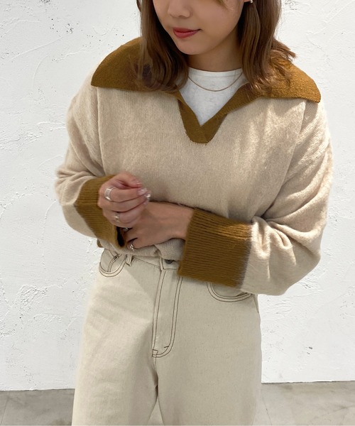 apres jour mignon(アプレジュールミニョン)の「起毛スキッパーニットポロ【ZOZOTOWN限定アイテム】(ニット/セーター・レディース・ライトベージュ/グレイッシュベージュ/ブルー系その他・フリー/X-LARGE)」の4枚目の写真