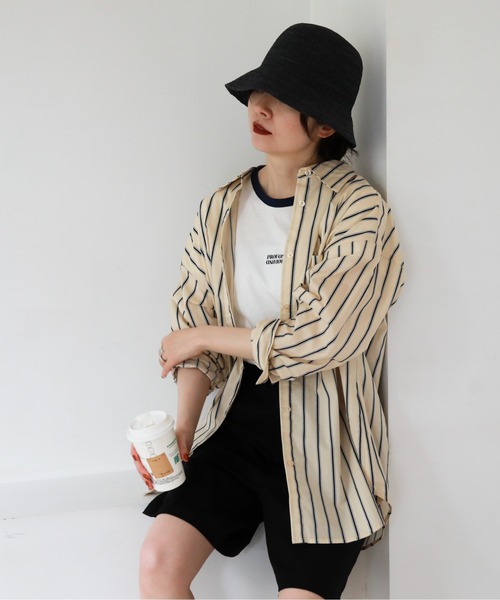 feepur（フェピュール）の「ストライプオーバーカラーシャツ（シャツ/ブラウス・レディース・ベージュ/ネイビー/ピンク/サックスブルー・MEDIUM）」の2枚目の写真