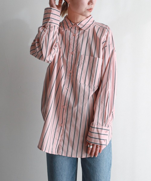 feepur（フェピュール）の「ストライプオーバーカラーシャツ（シャツ/ブラウス・レディース・ベージュ/ネイビー/ピンク/サックスブルー・MEDIUM）」の4枚目の写真