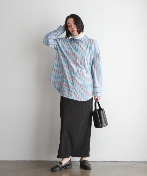 feepur（フェピュール）の「ストライプオーバーカラーシャツ（シャツ/ブラウス・レディース・ベージュ/ネイビー/ピンク/サックスブルー・MEDIUM）」の8枚目の写真