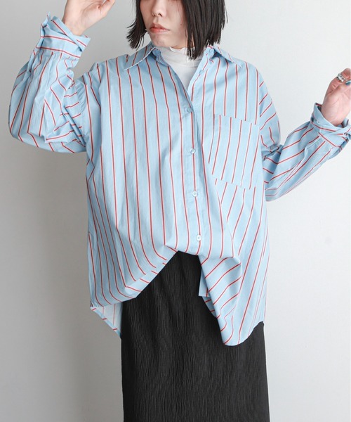 feepur（フェピュール）の「ストライプオーバーカラーシャツ（シャツ/ブラウス・レディース・ベージュ/ネイビー/ピンク/サックスブルー・MEDIUM）」の9枚目の写真