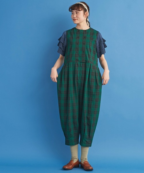 Malle（マル）の「malle コットン/強撚チェック オールインワン（つなぎ/オールインワン・レディース・ブラウン系その他/グリーン系その他・FREE）」の3枚目の写真