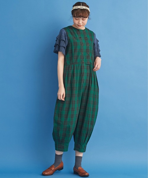 Malle（マル）の「malle コットン/強撚チェック オールインワン（つなぎ/オールインワン・レディース・ブラウン系その他/グリーン系その他・FREE）」の7枚目の写真