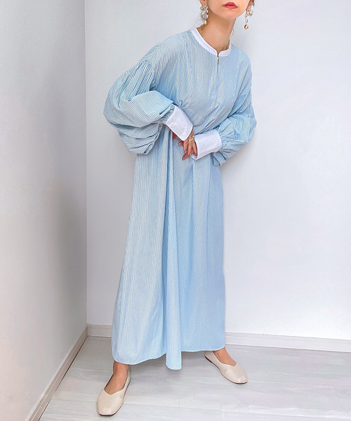 ハーフジップボリュームスリーブストライプワンピース