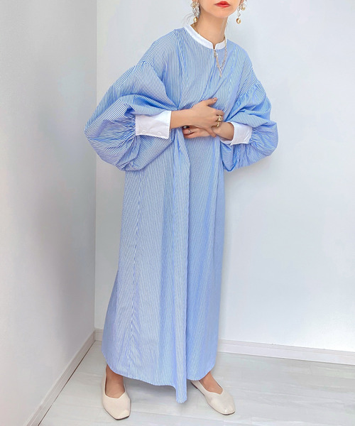 ハーフジップボリュームスリーブストライプワンピース