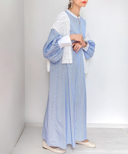 ハーフジップボリュームスリーブストライプワンピース