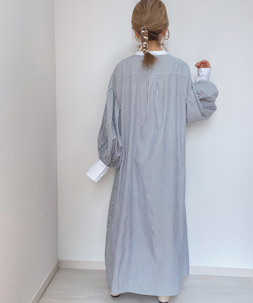 ハーフジップボリュームスリーブストライプワンピース