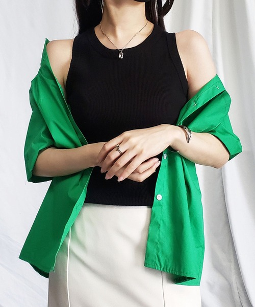 me+em select(ミームセレクト)の「アメスリリブニットカラータンクトップ(タンクトップ・レディース・グリーン/ブラック/イエロー/ホワイト・FREE)」の1枚目の写真