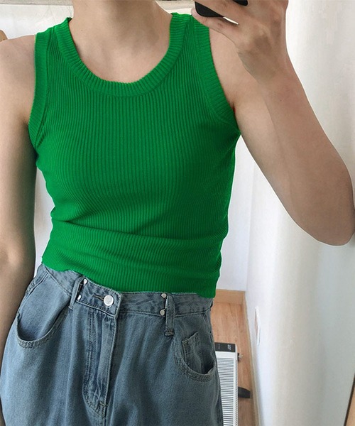 me+em select(ミームセレクト)の「アメスリリブニットカラータンクトップ(タンクトップ・レディース・グリーン/ブラック/イエロー/ホワイト・FREE)」の6枚目の写真