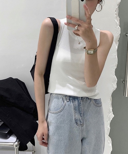 me+em select(ミームセレクト)の「アメスリリブニットカラータンクトップ(タンクトップ・レディース・グリーン/ブラック/イエロー/ホワイト・FREE)」の14枚目の写真