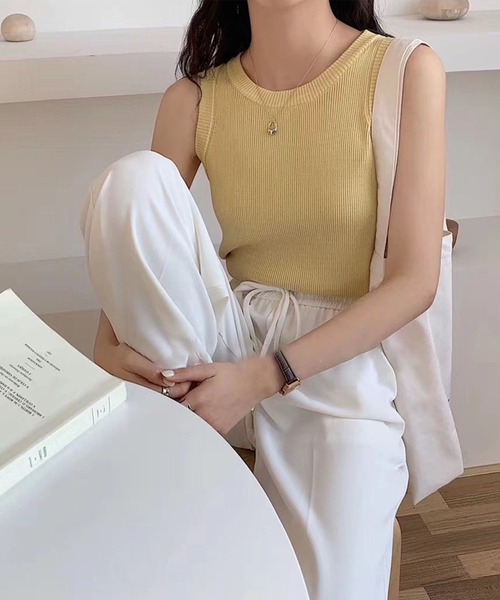 me+em select(ミームセレクト)の「アメスリリブニットカラータンクトップ(タンクトップ・レディース・グリーン/ブラック/イエロー/ホワイト・FREE)」の7枚目の写真