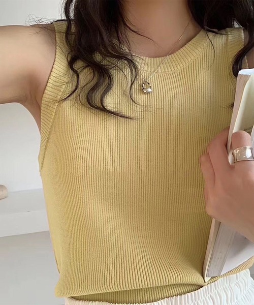 me+em select(ミームセレクト)の「アメスリリブニットカラータンクトップ(タンクトップ・レディース・グリーン/ブラック/イエロー/ホワイト・FREE)」の9枚目の写真