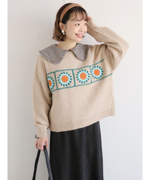 ehka sopo（エヘカソポ）の「かぎ針モチーフプルオーバー（ニット/セーター・レディース・オフホワイト/ベージュ/ネイビー・ﾌﾘ-）」の2枚目の写真